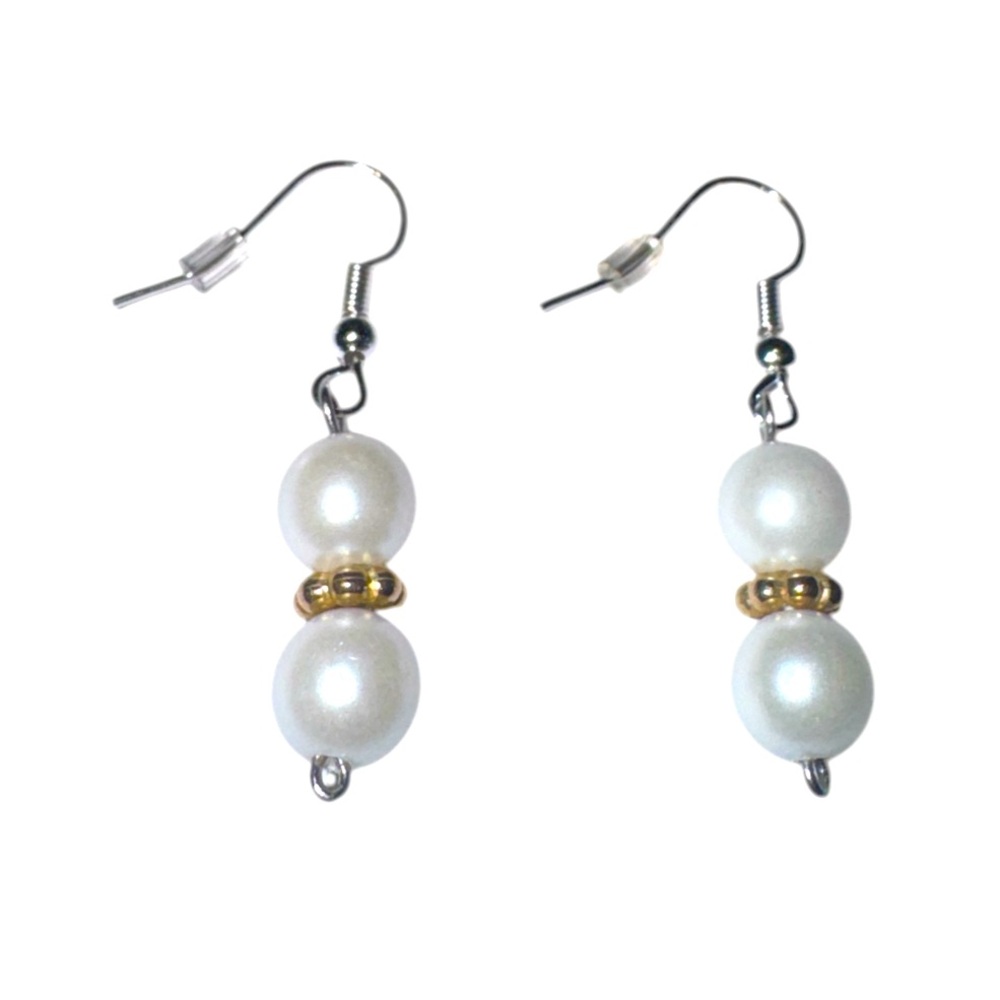Handcrafted Faux White Pearl & Gold Accent Earrings
